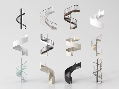 Modern Spiral Stairs Design With Various Metal Glass And Wooden Elements 3d model