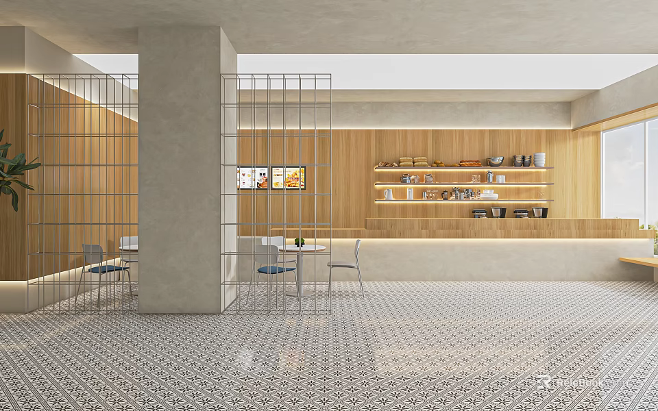 Modern Milk Tea Shop Open Space With Wooden Walls Metal Grid Partitions And Tile Flooring 3d model 