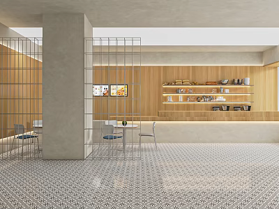 Modern Milk Tea Shop Open Space With Wooden Walls Metal Grid Partitions And Tile Flooring 3d model
