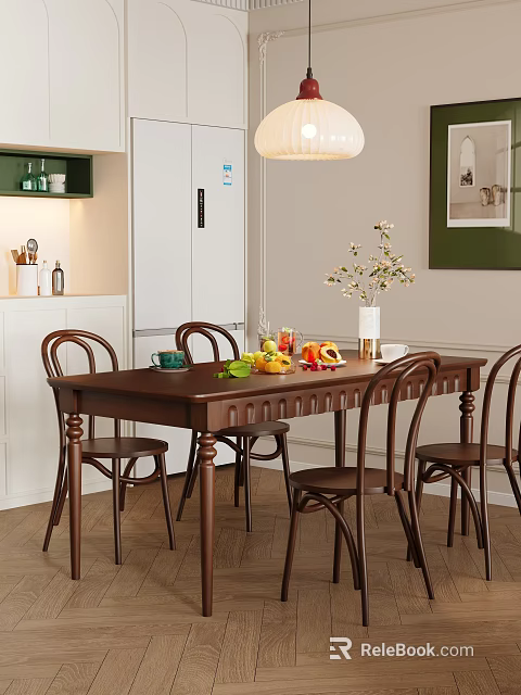 Retro Solid Wood Dining Table And Chairs Set For Cozy Home Dining Room Decoration 3d model 