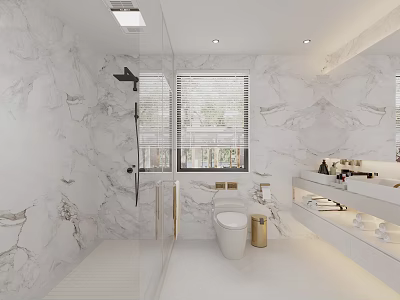 Modern Bathroom Interior With Marble Walls Shower Area Toilet Vanity And Window Blinds 3d model