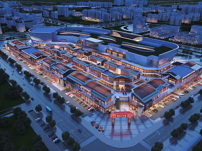 Traditional Meets Modern Commercial Street Layout With Plaza Parking Greenery And Illuminated Architecture 3d model