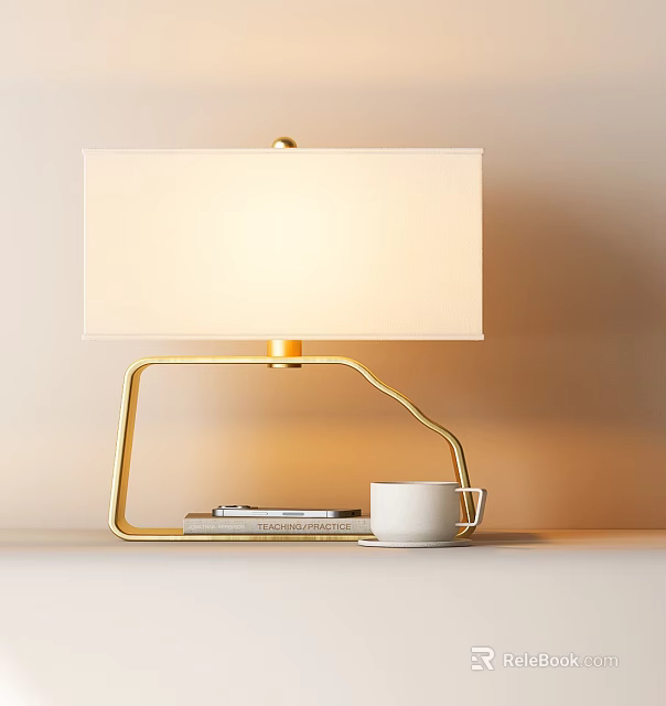 Modern Table Lamp With Golden Frame White Shade Illuminated And Books White Cup On Base 3d model 