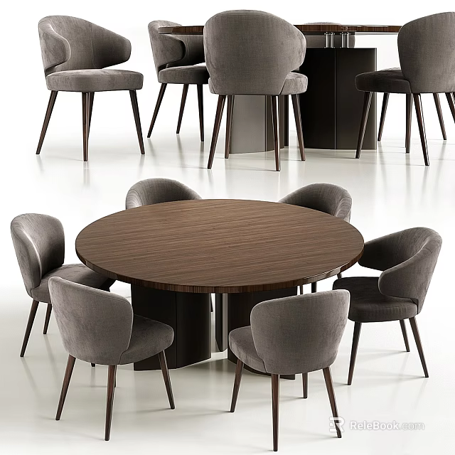 Modern Round Wood Dining Table Set With Gray Upholstered Chairs 3d model 