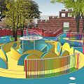 Colorful Children's Play Area With Wavy Structures Trees And Pink Blossoms