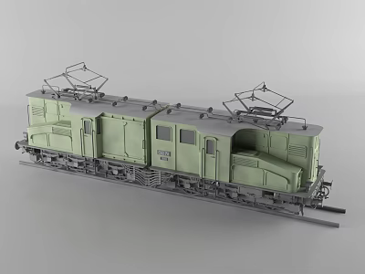 Green Electric Train Model With Dual Locomotives Pantographs And Detailed Windows On Rail Tracks 3d model