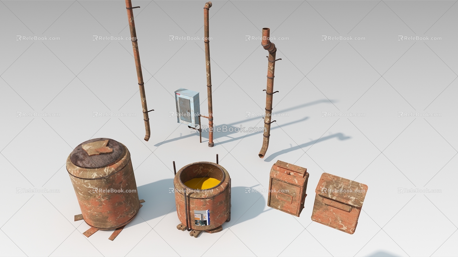 Wall equipment, pipe, wall electric box, old bucket, daily necessities 3d model