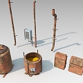 Wall equipment, pipe, wall electric box, old bucket, daily necessities 3d model