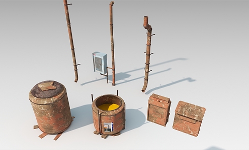 Wall equipment, pipe, wall electric box, old bucket, daily necessities 3d model