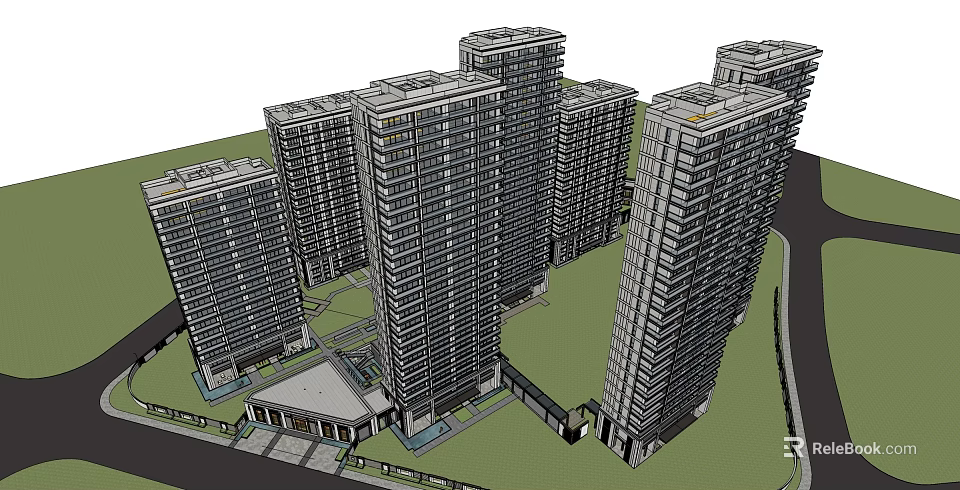 Modern High Rise Residential Complex With Multiple Towers And Landscaped Areas 3d model 