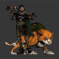 Game Character In Armor With Rifle Backpack And Orange Feline Companion