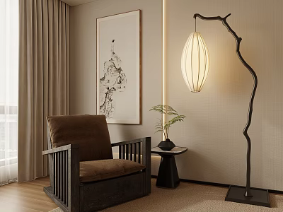 Brown Upholstered Accent Chair with Black Frame Floor Lamp Side Table Wall Art and Curtains 3d model