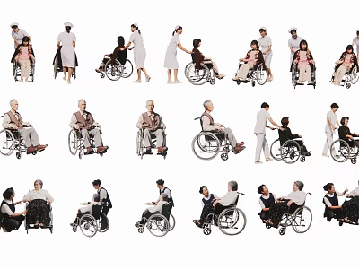 Healthcare Workers Assisting Elderly Patients in Wheelchairs During Daily Care Activities 3d model