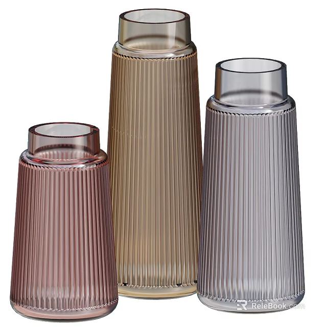Three Ribbed Glass Vases in Assorted Colors for Floral Decoration and Home Interior Styling 3d model 