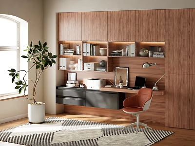 Modern Wooden Wall Mounted Bookcase In Home Office With Desk Orange Chair And Green Plant 3d model