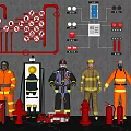 Comprehensive Fire Fighting Equipment Display Featuring Fire Pipes Fire Signs Firefighter Uniforms Hydrants And Extinguishers