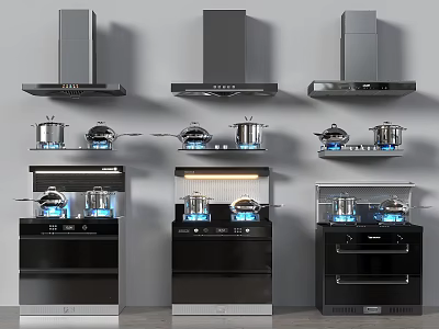 Modern Kitchen Appliances Display With Range Hoods Gas Stoves And Cooking Pots 3d model