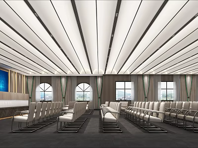 Modern Conference Room Interior Design With Striped Ceiling Arched Windows And Neatly Arranged White Chairs 3d model