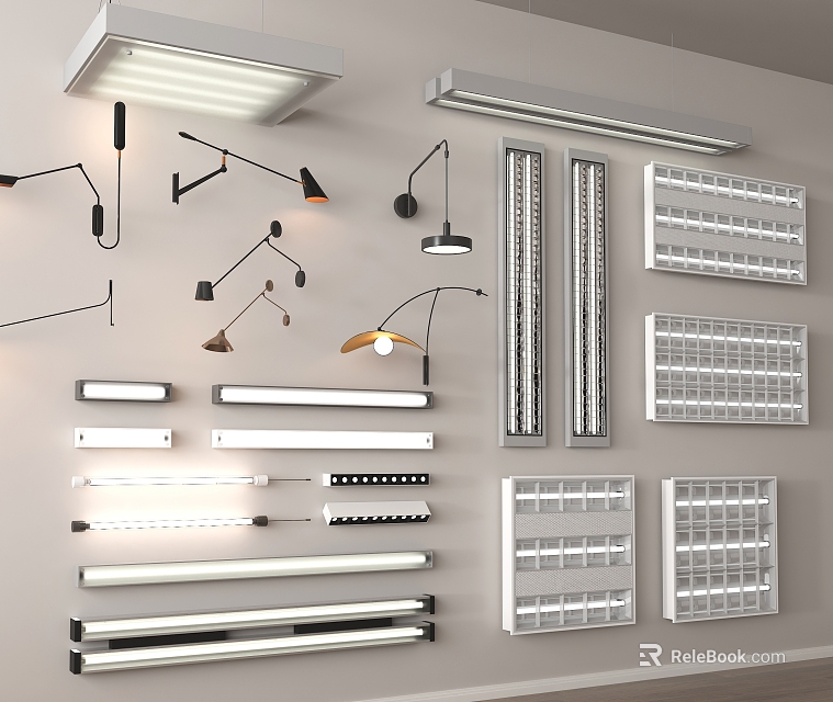 Diverse Modern Light Fixture Combinations With Pendant Wall Sconce Linear Grid Lights 3d model 