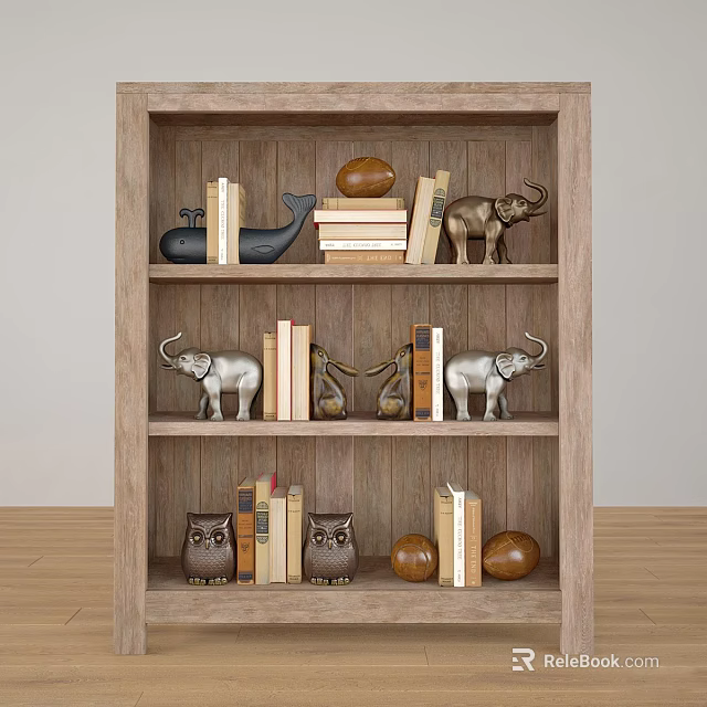 Wooden Decorative Cabinet With Books And Elephant Owl Whale Figurines On Shelves 3d model 