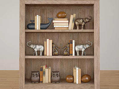 Wooden Decorative Cabinet With Books And Elephant Owl Whale Figurines On Shelves 3d model