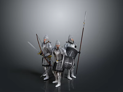 Three Medieval Knights In Shining Armor Holding Swords Spears And Shields On Gray Background 3d model