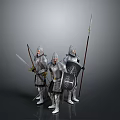 Three Medieval Knights In Shining Armor Holding Swords Spears And Shields On Gray Background