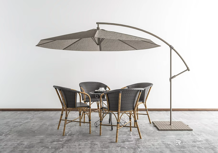 Modern Rattan Outdoor Table Set With Chairs And Large Cantilever Umbrella 3d model 