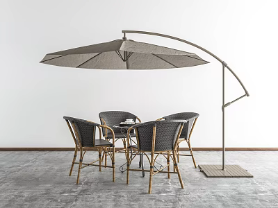 Modern Rattan Outdoor Table Set With Chairs And Large Cantilever Umbrella 3d model