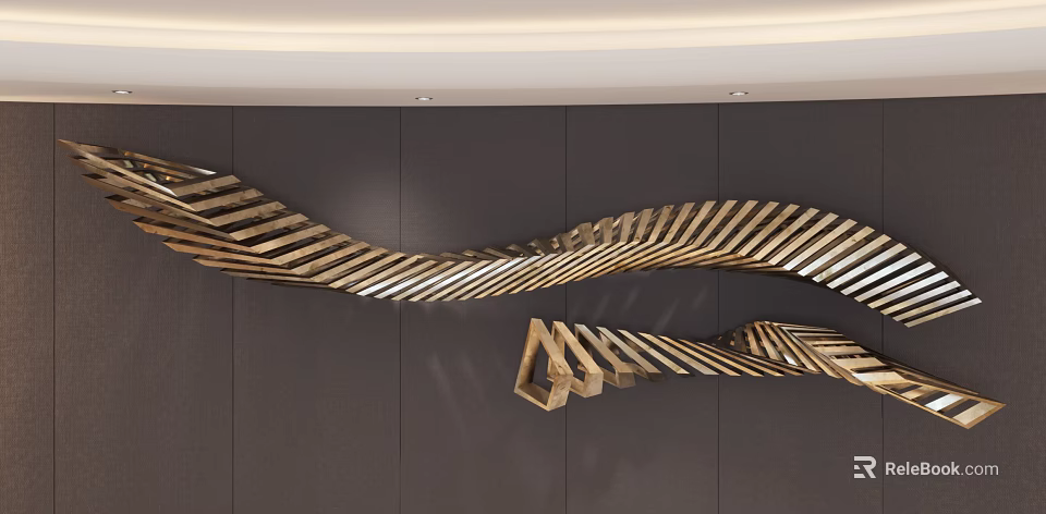 Elegant Modern Gold Metal Wavy Striped Wall Decor On Dark Wall 3d model 