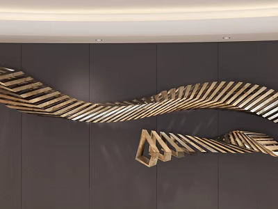 Elegant Modern Gold Metal Wavy Striped Wall Decor On Dark Wall 3d model
