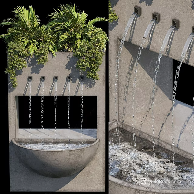 Outdoor Garden Water Feature With Concrete Basin And Cascading Water Green Foliage 3d model 