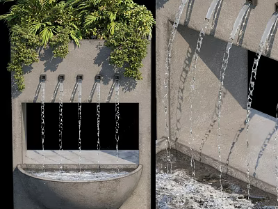 Outdoor Garden Water Feature With Concrete Basin And Cascading Water Green Foliage 3d model