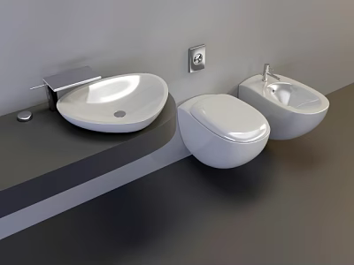 Modern Wall Mounted White Toilet With Bidet And Washbasin In Bathroom 3d model