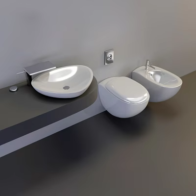 Modern Wall Mounted White Toilet With Bidet And Washbasin In Bathroom 3d model