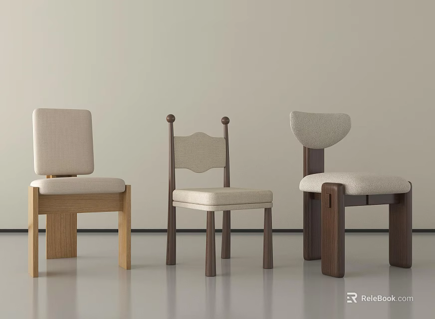 Three Modern Dining Chairs With Wooden Frames And Upholstered Seats 3d model