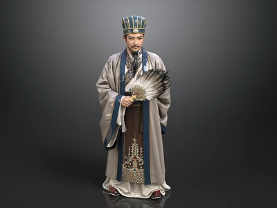 Man In Ancient Chinese Traditional Robe With Decorative Hat And Fan 3d model