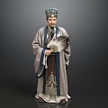 Man In Ancient Chinese Traditional Robe With Decorative Hat And Fan