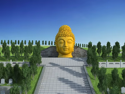 Giant Golden Buddha Head Statue Surrounded by Green Trees Stone Steps and Blue Sky Background 3d model