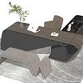Modern Wooden Office Desk With Laptop Green Plant Vase Chair And Bench On Gray Rug