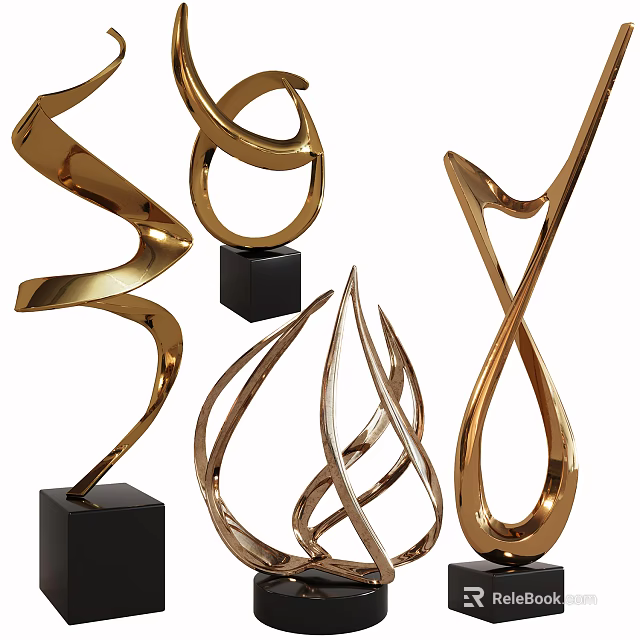 Elegant Modern Golden Metal Decorative Sculpture Set Featuring Abstract Twisted Curved Shapes On Black Bases 3d model 