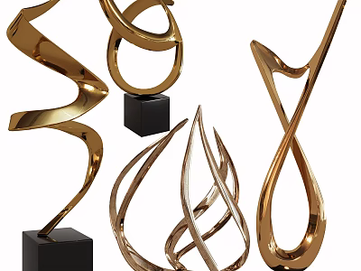 Elegant Modern Golden Metal Decorative Sculpture Set Featuring Abstract Twisted Curved Shapes On Black Bases 3d model