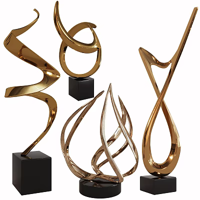 Elegant Modern Golden Metal Decorative Sculpture Set Featuring Abstract Twisted Curved Shapes On Black Bases 3d model