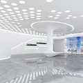 Modern Front Desk Reception Area With Circular White Desk Ceiling Lights And Green Plant Decor