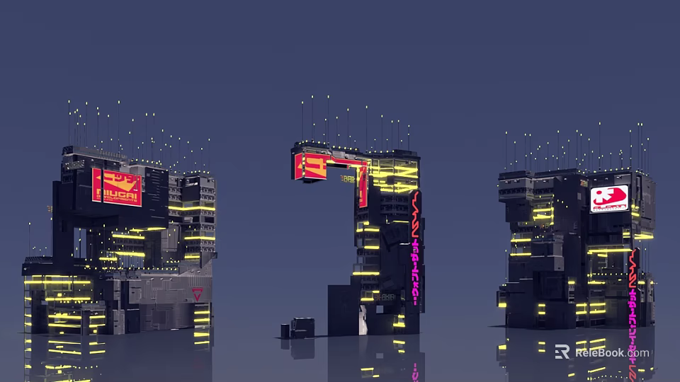Future Architecture Design With Tall Buildings Neon Lights And Urban Reflections 3d model 