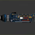 Futuristic Blue Mechanical Weapon With Multiple Cylindrical Components Control Panel And Warning Signs