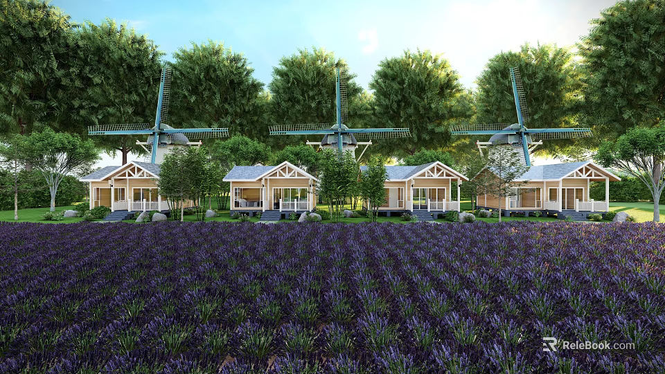 Scenic Lavender Field With Windmills Cottages And Green Trees Under Blue Sky 3d model 