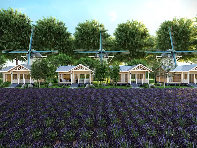 Scenic Lavender Field With Windmills Cottages And Green Trees Under Blue Sky 3d model