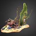 Octopus With Crown Guarding Locked Treasure Chest Surrounded By Gold Coins And Seaweed