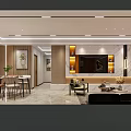Modern Living and Dining Room Interior With Open Layout Sofa Coffee Table TV Wall Marble Lighting